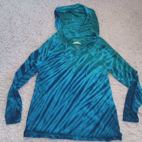 Earth Yoga Tie Dye Hoodie Women’s L Organic Cotton Bamboo Lg Sleeve Blue Teal - Picture 1 of 5
